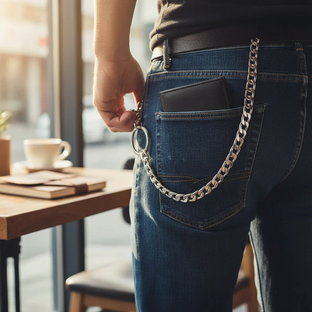 BY JAXXIE luxe zilverkleurige schakelketting sleutelhanger bevestigd aan een blauwe spijkerbroek voor een stoere look